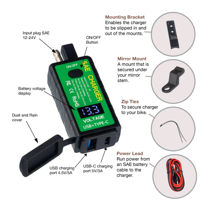Motoplug SAE to USB with Voltmeter - 1 x USB-A & 1 x USB-C